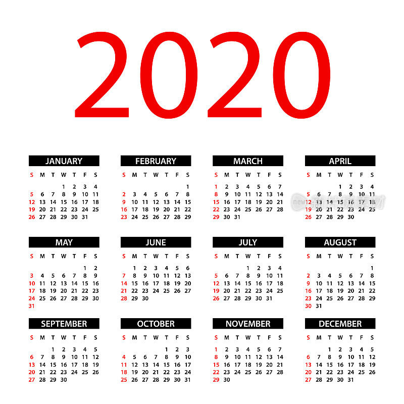 日历2020 -简单布局插图。一周从周日开始。2020年日历